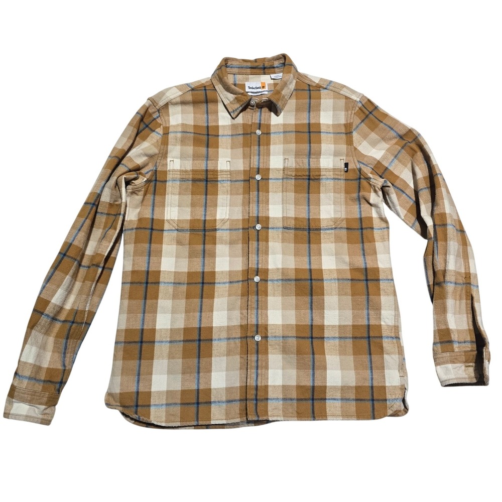 Timberland Men L Regular Fit Plaid Flannel Shirt Mustard Yellow Cotton Button-Up